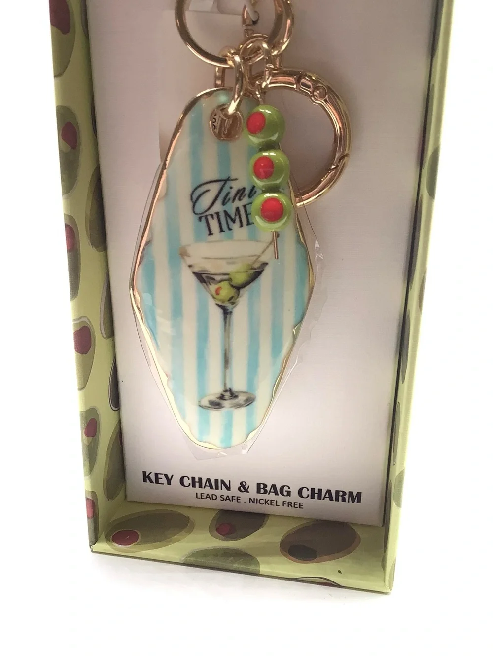 piper·k Gold-Tone Key Chain & Bag Charm in Aqua Stripe with Martini Accent